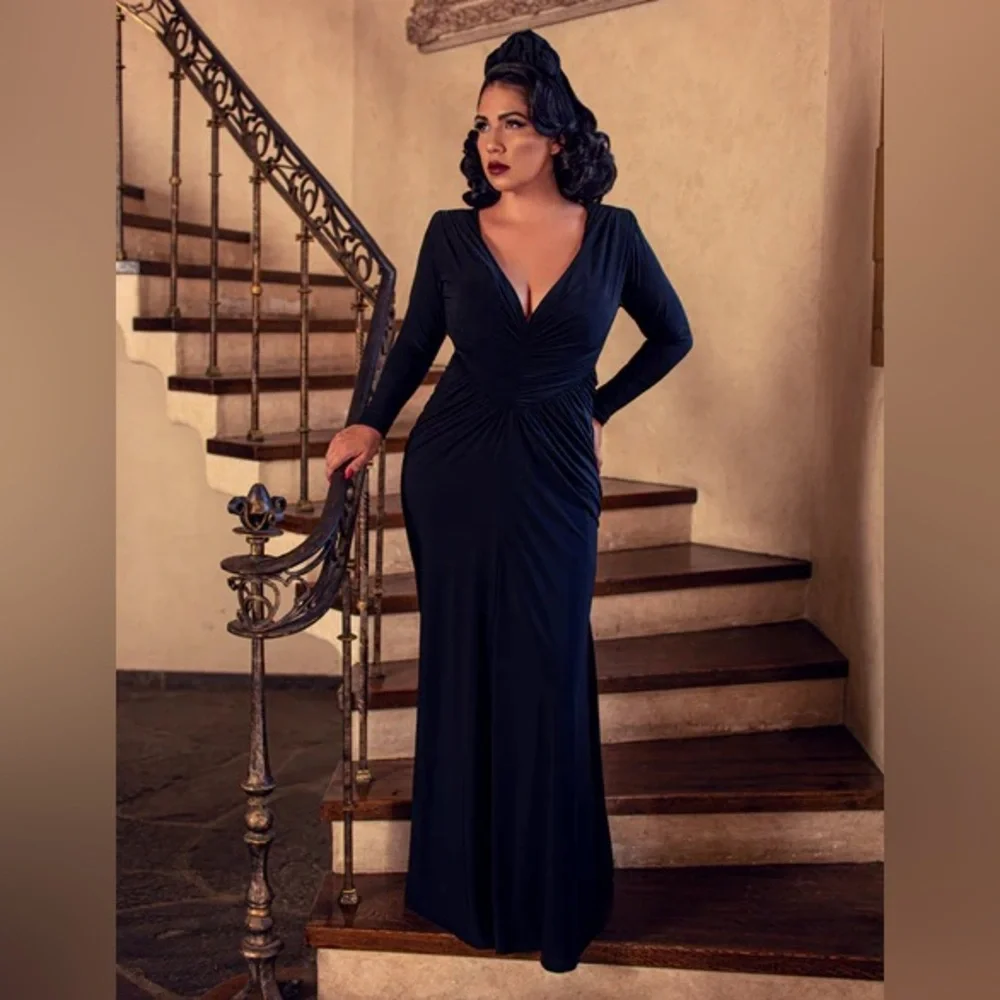 La Femme en Noir Art Deco Ruched Gown in Black - Picture 2 of 4